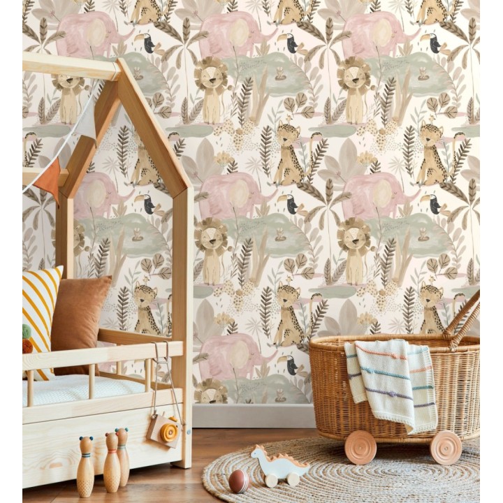 Papel pintado animales selva infantil acuarela pastel suave - Leo Happy 684063