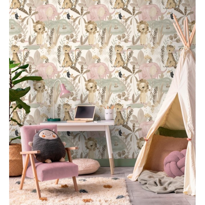 Papel pintado animales selva infantil acuarela pastel suave - Leo Happy 684063