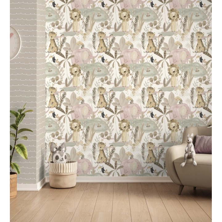 Papel pintado animales selva infantil acuarela pastel suave - Leo Happy 684063