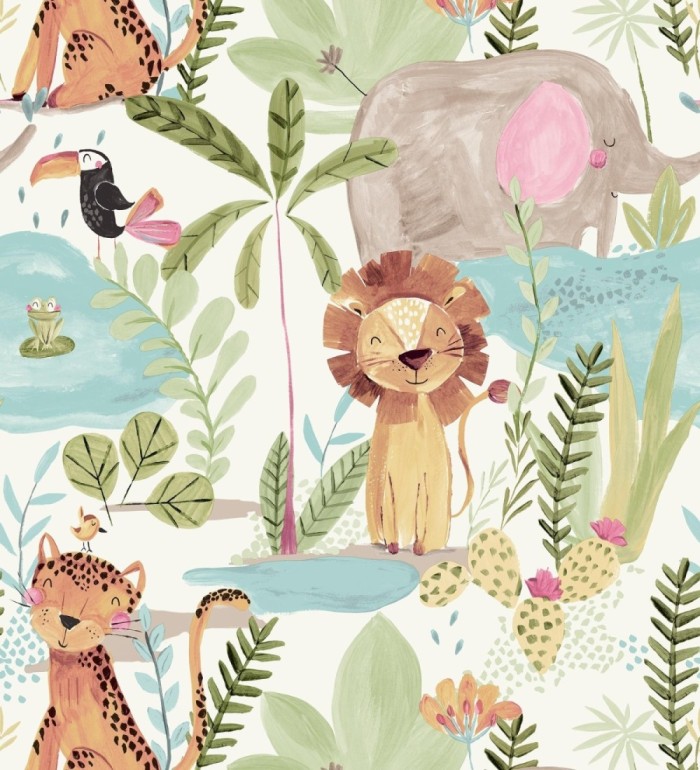 Papel pintado animales selva infantil acuarela pastel suave - Leo Happy 684064