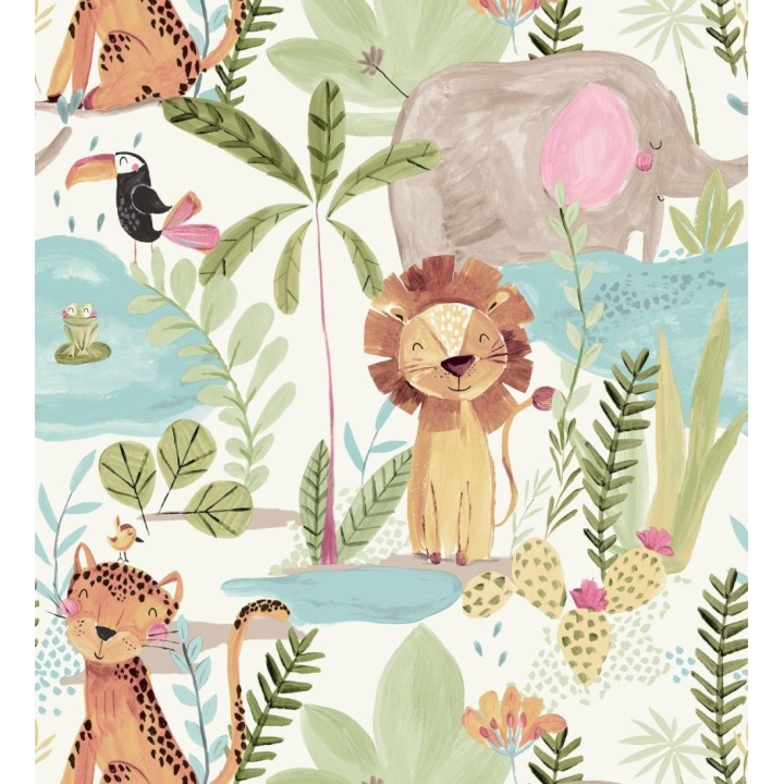 Papel pintado animales selva infantil acuarela pastel suave - Leo Happy 684064