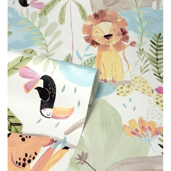 Papel pintado animales selva infantil acuarela pastel suave - Leo Happy 684064