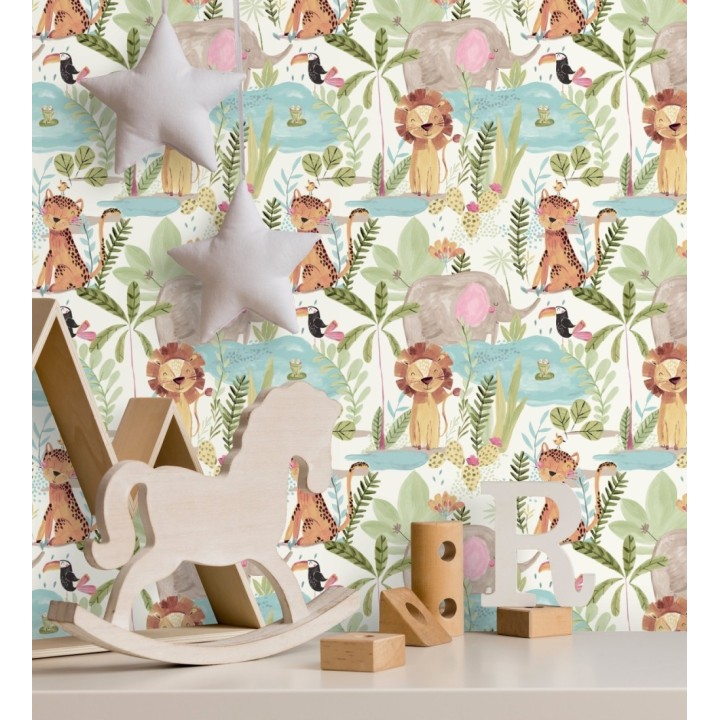 Papel pintado animales selva infantil acuarela pastel suave - Leo Happy 684064