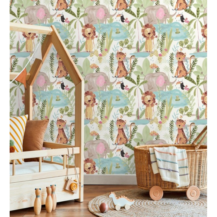 Papel pintado animales selva infantil acuarela pastel suave - Leo Happy 684064
