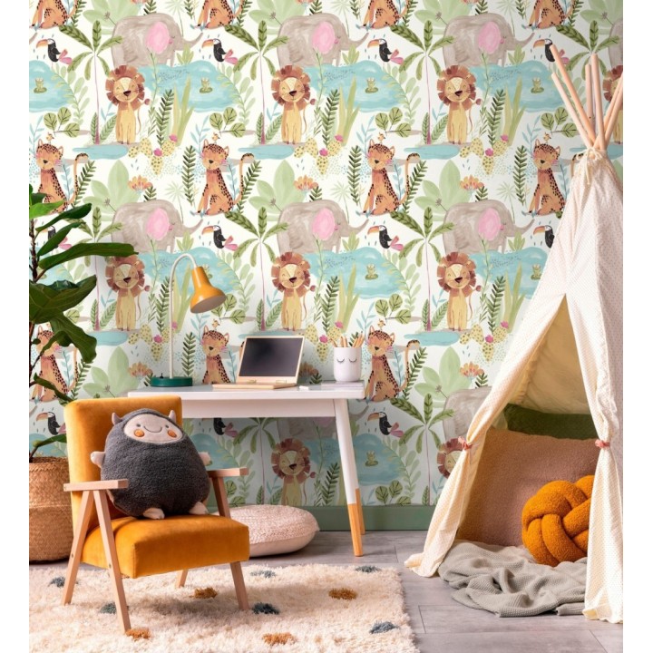Papel pintado animales selva infantil acuarela pastel suave - Leo Happy 684064