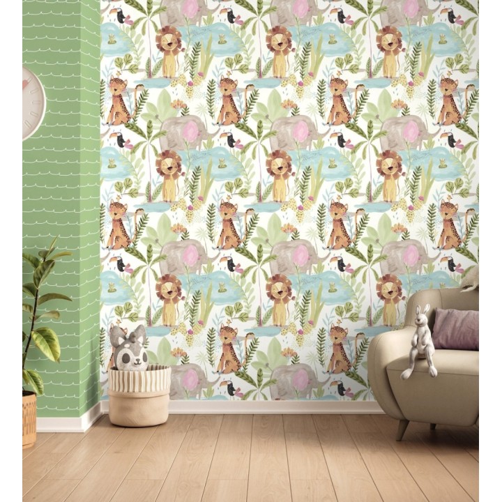 Papel pintado animales selva infantil acuarela pastel suave - Leo Happy 684064