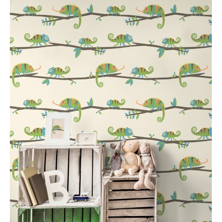 Papel pintado de camaleones en ramas de selva infantil colorido - Izan Tropic 684065