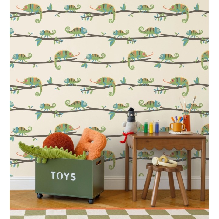 Papel pintado de camaleones en ramas de selva infantil colorido - Izan Tropic 684065