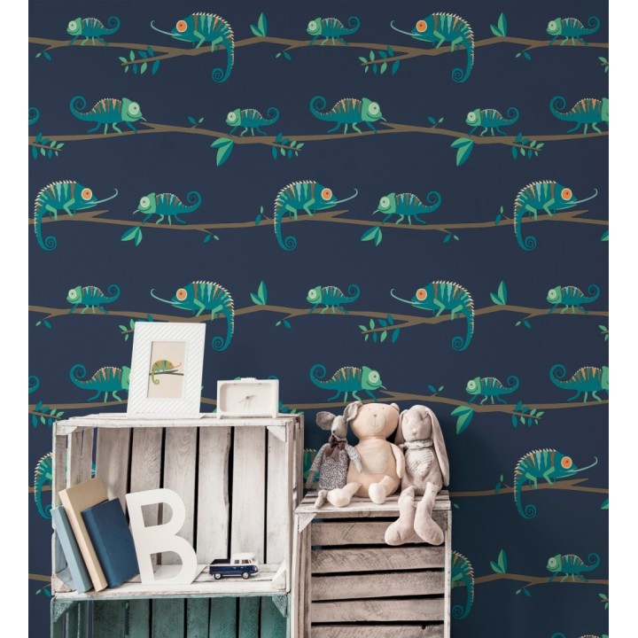 Papel pintado de camaleones en ramas de selva infantil colorido - Izan Tropic 684066