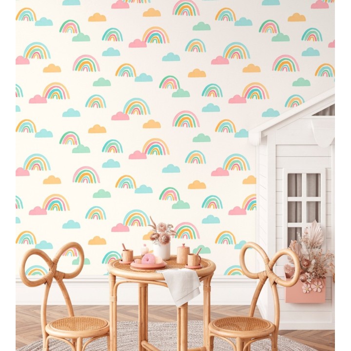 Papel pintado de arcoíris y nubes acuarela infantil pastel - Finn Magic 684068