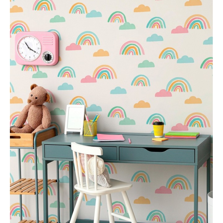 Papel pintado de arcoíris y nubes acuarela infantil pastel - Finn Magic 684068