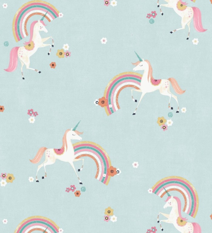 Papel pintado de unicornios mágicos y arcoíris vintage fondo azul - Iris Rainbow 684070