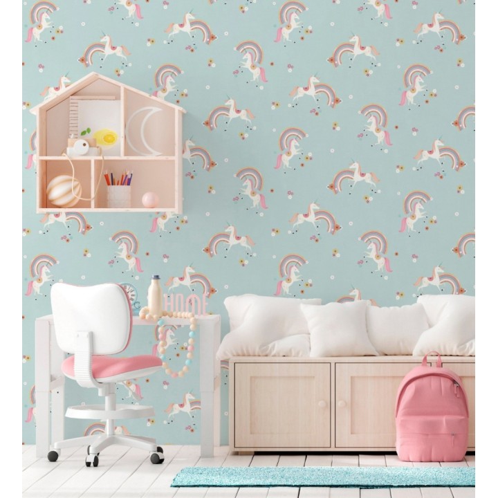 Papel pintado de unicornios mágicos y arcoíris vintage fondo azul - Iris Rainbow 684070