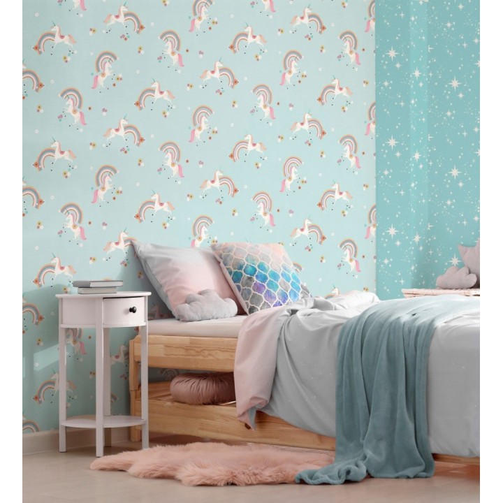 Papel pintado de unicornios mágicos y arcoíris vintage fondo azul - Iris Rainbow 684070