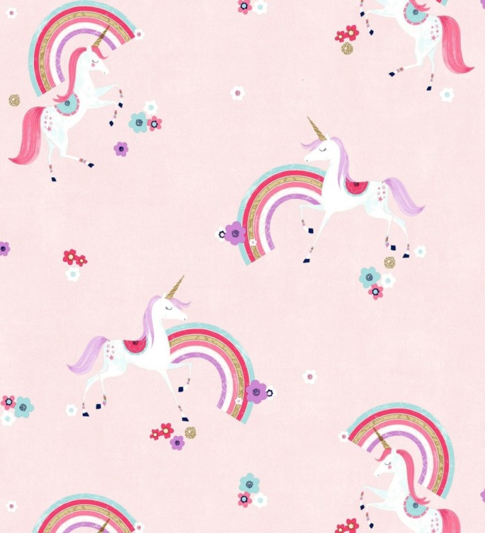 Papel pintado de unicornios mágicos y arcoíris vintage fondo rosa - Iris Rainbow 684071