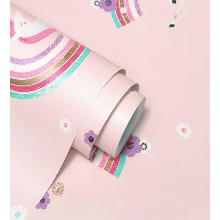 Papel pintado de unicornios mágicos y arcoíris vintage fondo rosa - Iris Rainbow 684071