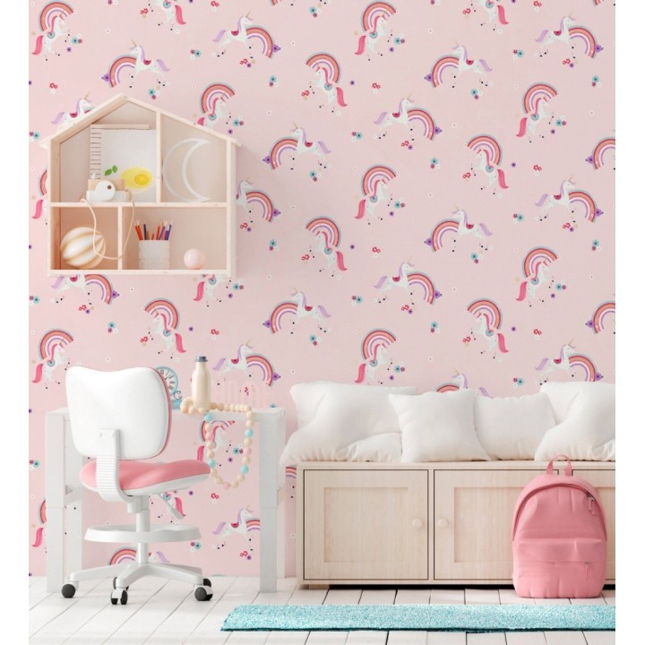 Papel pintado de unicornios mágicos y arcoíris vintage fondo rosa - Iris Rainbow 684071