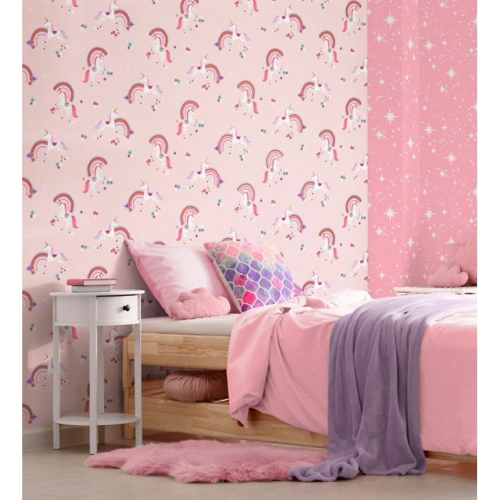 Papel pintado de unicornios mágicos y arcoíris vintage fondo rosa - Iris Rainbow 684071