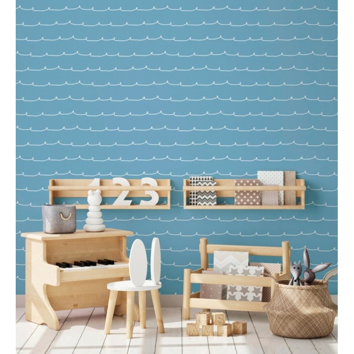 Papel pintado ondas blancas minimalistas fondo color azul cielo - Zoe Wavy 684078