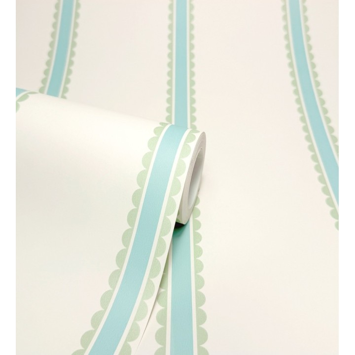 Papel pintado rayas celestes y verdes festoneadas infantil - Olivia Wavy 684079