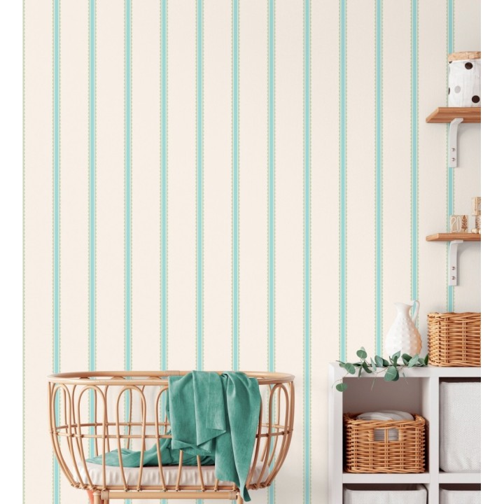 Papel pintado rayas celestes y verdes festoneadas infantil - Olivia Wavy 684079