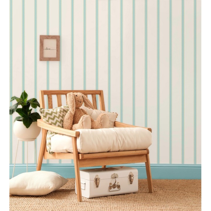 Papel pintado rayas celestes y verdes festoneadas infantil - Olivia Wavy 684079
