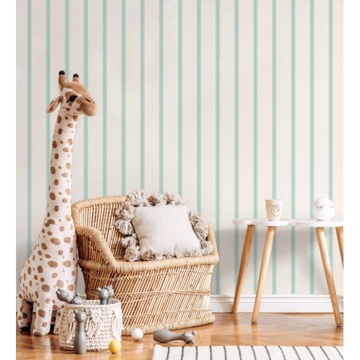 Papel pintado rayas celestes y verdes festoneadas infantil - Olivia Wavy 684079