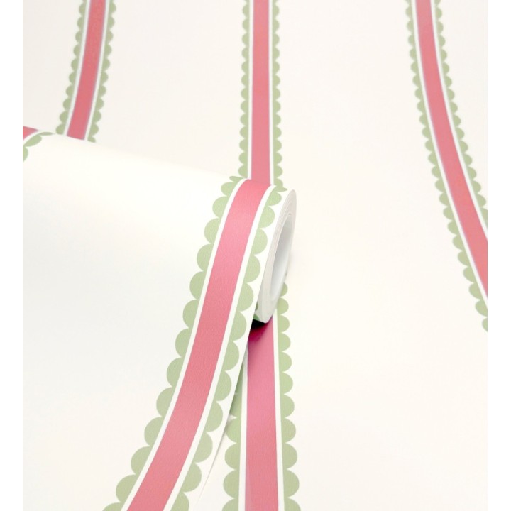 Papel pintado rayas fucsia y verdes festoneadas infantil - Olivia Wavy 684080