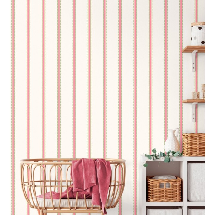 Papel pintado rayas fucsia y verdes festoneadas infantil - Olivia Wavy 684080