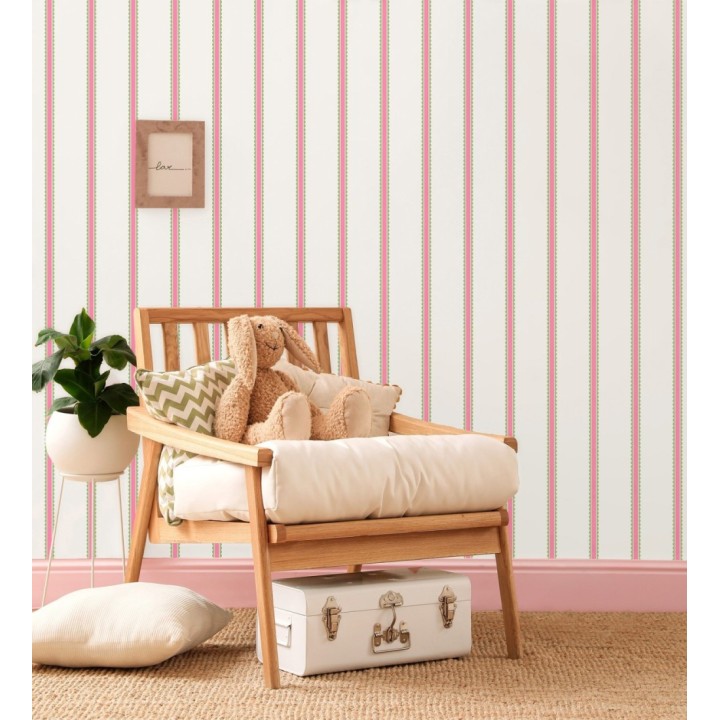 Papel pintado rayas fucsia y verdes festoneadas infantil - Olivia Wavy 684080