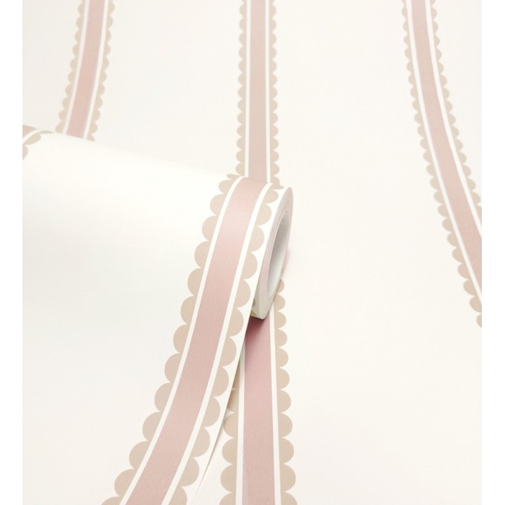 Papel pintado rayas rosa palo y beige festoneadas infantil - Olivia Wavy 684082