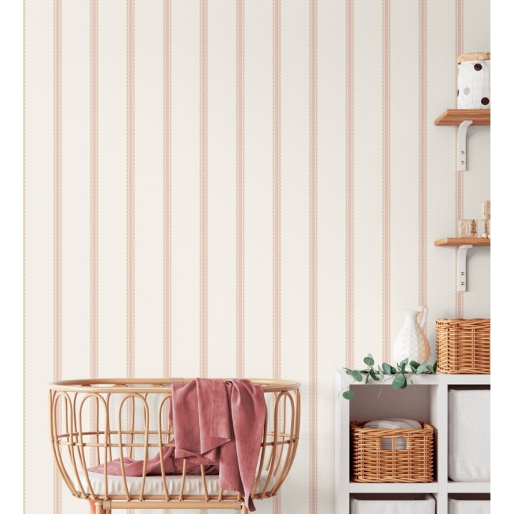Papel pintado rayas rosa palo y beige festoneadas infantil - Olivia Wavy 684082