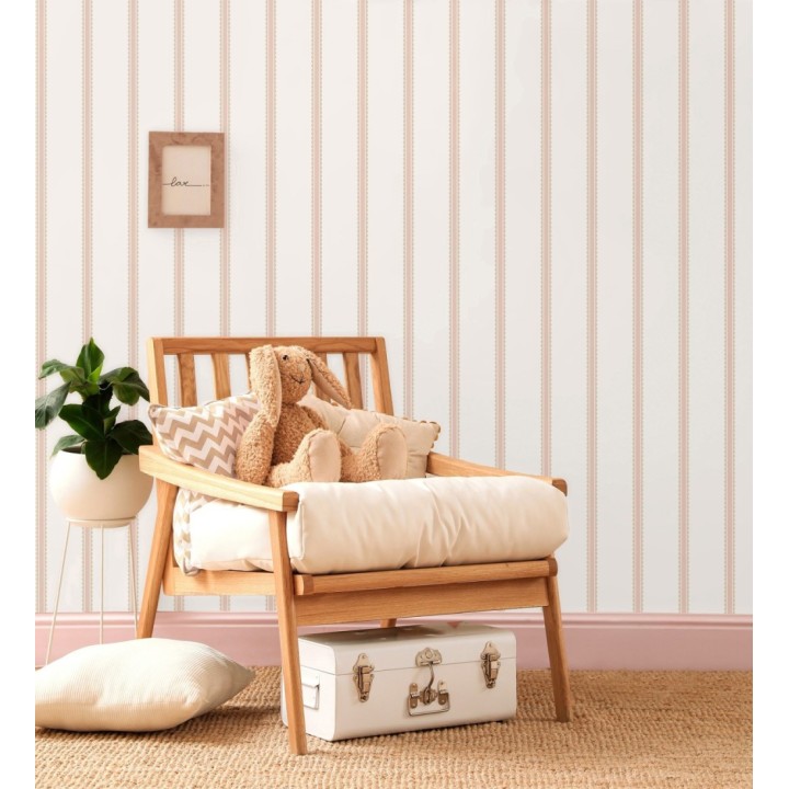 Papel pintado rayas rosa palo y beige festoneadas infantil - Olivia Wavy 684082