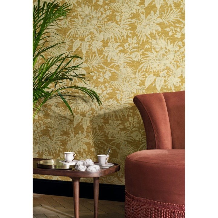 Papel pintado imitación tapiz de hojas fondo mostaza - Calton Forest 126418