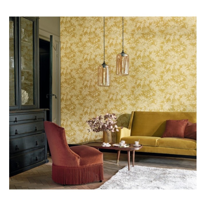 Papel pintado imitación tapiz de hojas fondo mostaza - Calton Forest 126418