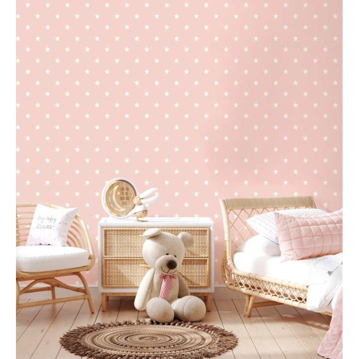 Papel pintado de estrellas blancas fondo rosa estilo infantil nórdico - Stella 684088