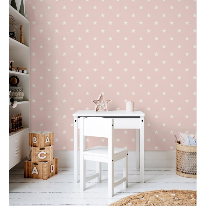 Papel pintado de estrellas blancas fondo rosa estilo infantil nórdico - Stella 684088