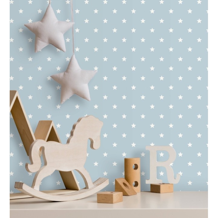 Papel pintado de estrellas blancas fondo celeste estilo infantil nórdico - Stella 684089