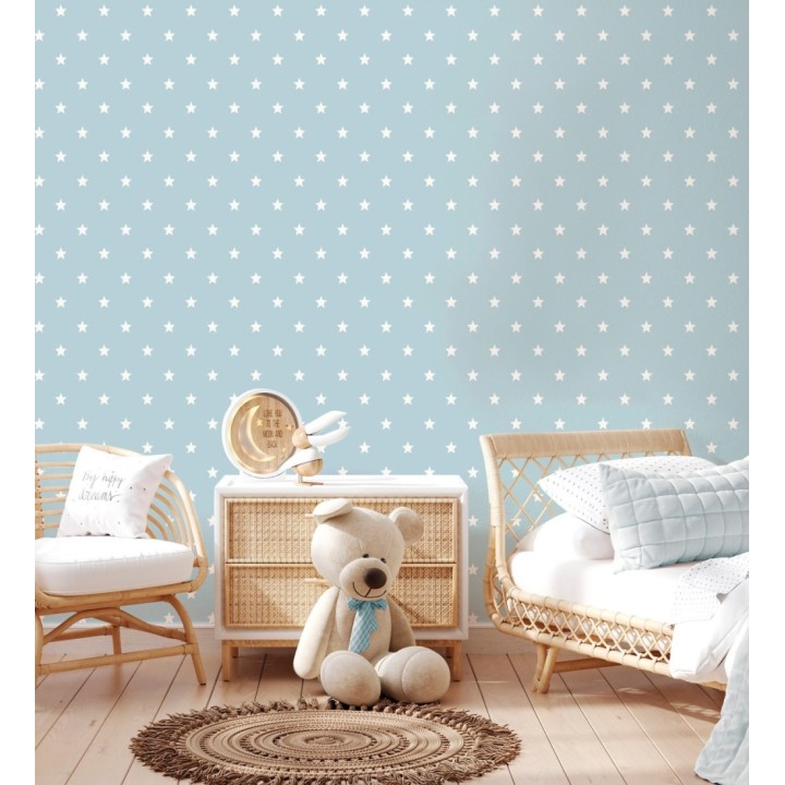 Papel pintado de estrellas blancas fondo celeste estilo infantil nórdico - Stella 684089