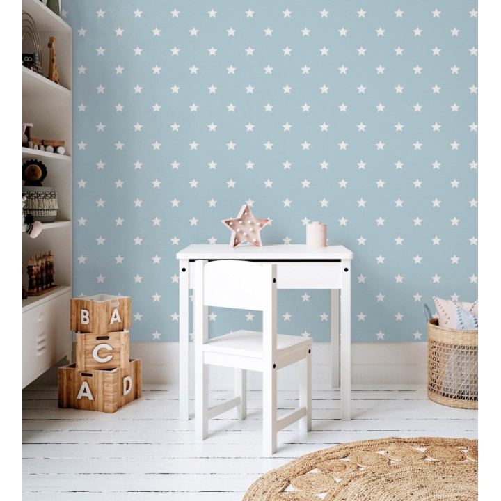 Papel pintado de estrellas blancas fondo celeste estilo infantil nórdico - Stella 684089