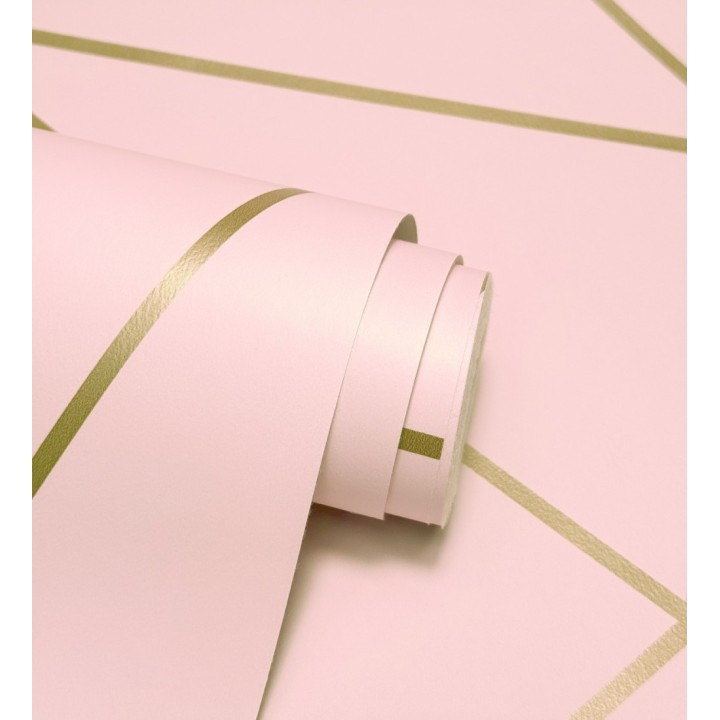 Papel pintado geométrico de líneas doradas sobre fondo rosa - Noa Pink 684091