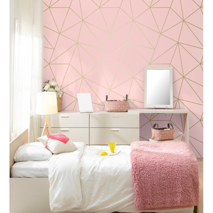Papel pintado geométrico de líneas doradas sobre fondo rosa - Noa Pink 684091