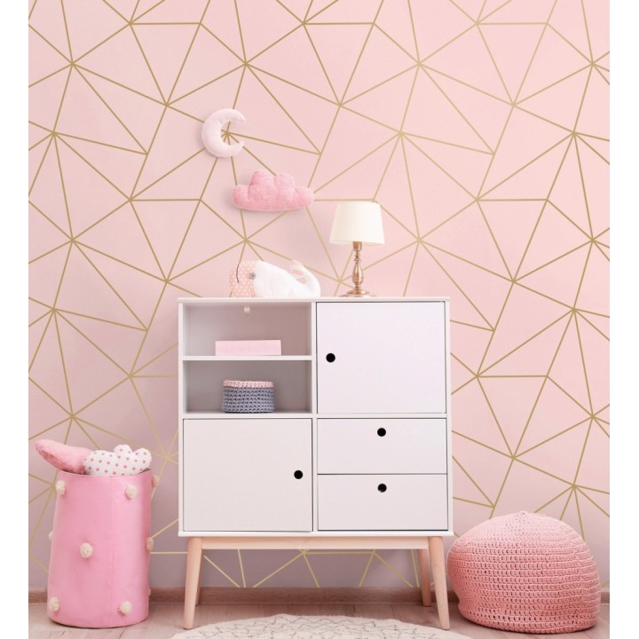 Papel pintado geométrico de líneas doradas sobre fondo rosa - Noa Pink 684091
