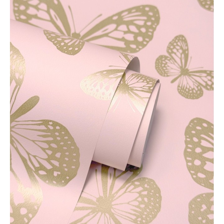 Papel pintado de mariposas doradas sobre fondo rosa - Mia Butterfly 684092