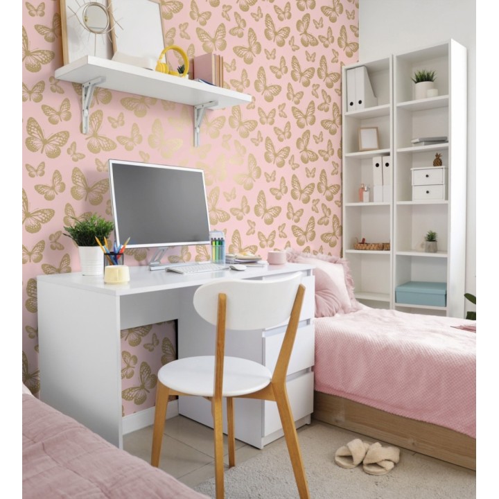 Papel pintado de mariposas doradas sobre fondo rosa - Mia Butterfly 684092