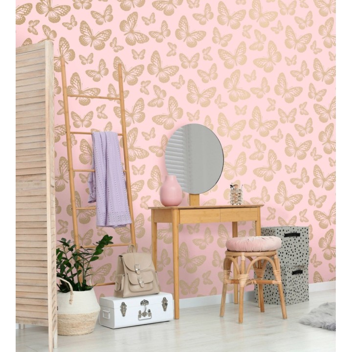 Papel pintado de mariposas doradas sobre fondo rosa - Mia Butterfly 684092
