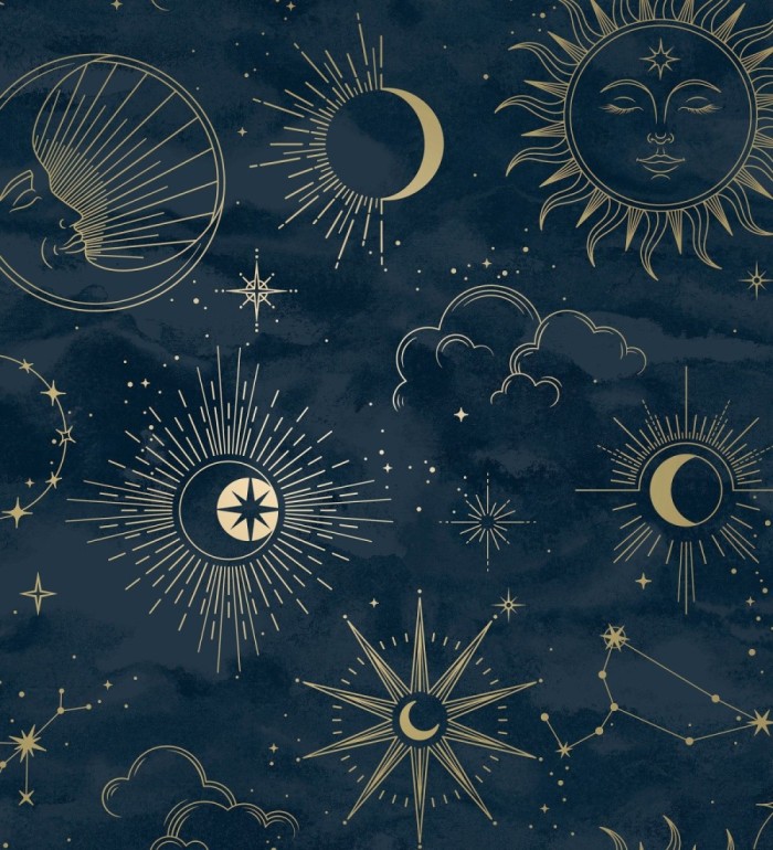 Papel pintado místico constelaciones sol luna estrellas azul oscuro - Lyra Astral 684093