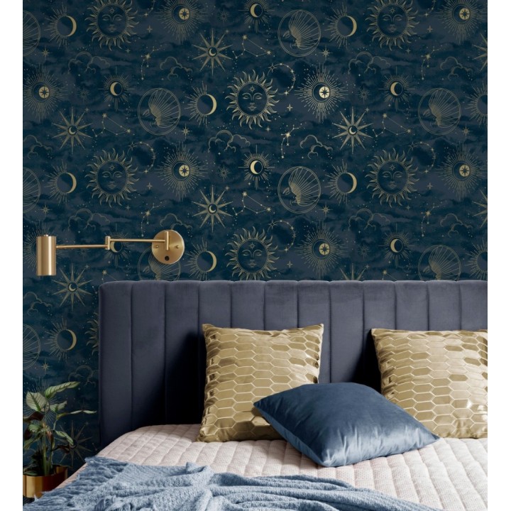 Papel pintado místico constelaciones sol luna estrellas azul oscuro - Lyra Astral 684093