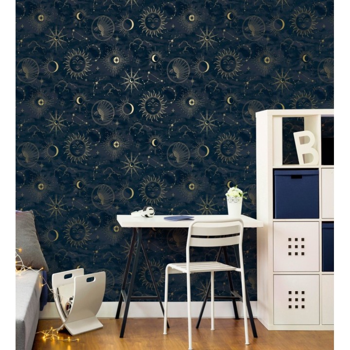 Papel pintado místico constelaciones sol luna estrellas azul oscuro - Lyra Astral 684093