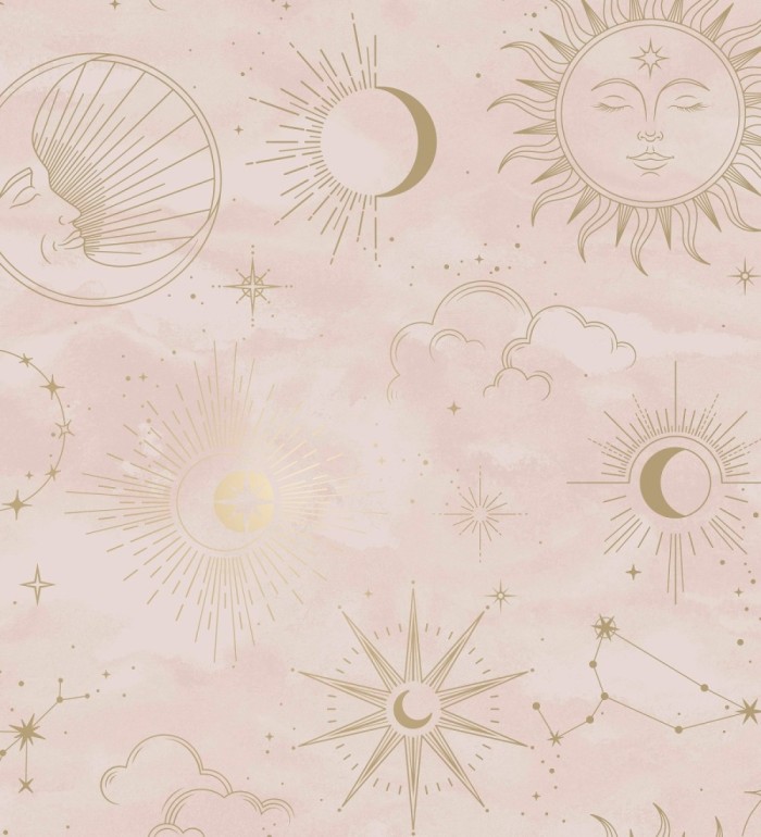 Papel pintado místico constelaciones sol luna estrellas rosa claro - Lyra Astral 684094